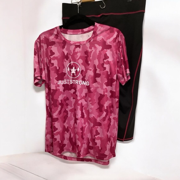 JET BLACK/PINK 3/4 JUST STRONG CAPRI AND PINK CAMOUFLAGE SHIRT, XL WORKOUT SET - Picture 3 of 12